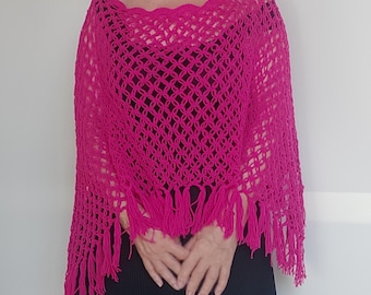 Handmade Crochet Poncho: Fuchsia Pink Cotton Blend Fringe Top