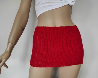 Red Low Rise Stretchy Crochet Mini Skirt  | Handmade Women Knitwear
