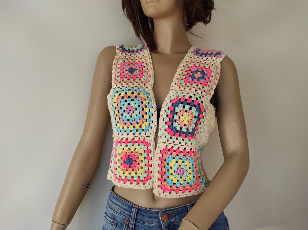 Lucky Brand Women's Cotton Granny Square Crochet Vest