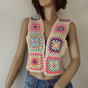 Granny Square Crochet Vest Women Knitwear Organic Cotton Handmade to Order