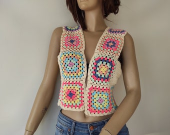 Granny Square Crochet Vest Women Knitwear Organic Cotton Handmade to Order