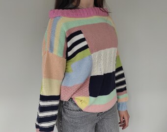 レディース ハンドニット パッチワーク コットン セーター：オーバーサイズ パステルカラー ブロック ジャンパー