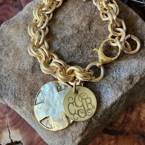 Pulsera con recubrimiento de oro de 12 quilates, cadena de acero, disco del Padrenuestro, cierre de pinza de langosta, monograma (pulsera del Padrenuestro de oro)