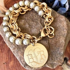 Bracelet, 12K Gold, Pearl, engraved, wedding, Mother, monogrammed, (Kathy's Pearl Bracelet, gold)