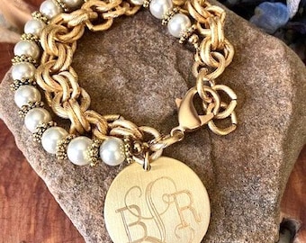 Bracelet, 12K Gold, Pearl, engraved, wedding, Mother, monogrammed, (Kathy's Pearl Bracelet, gold)