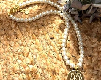 Monogram Pearl Necklace, Engraved Gold or Silver Disc, Bridal Jewelry