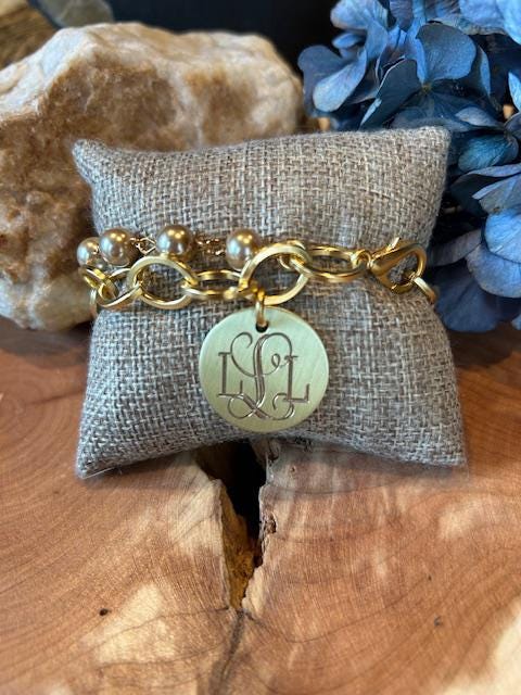 Bracelet, 12k matte gold overlay, steel chain, pearls, double strand, lobster claw clasp, bridesmaid, personalized (New Nora Bracelet Gold)