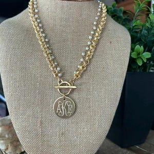 Necklace, Ivory Pearl Chain, 19", 12k gold chain, toggle, Disc, wedding, Personalized, Monogrammed, Engraved (Ole KD Necklace New)