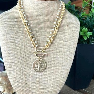 Necklace, Ivory Pearl Chain, 19", 12k gold chain, toggle, Disc, wedding, Personalized, Monogrammed, Engraved (Ole KD Necklace New)