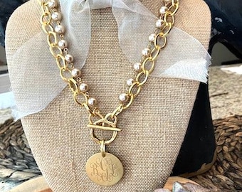 Necklace, 12K gold/steel chain, pearls, double layer, 20",  personalized, engraved, monogrammed (New Nora's Necklace)