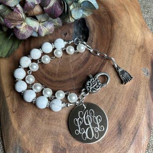 White Turquoise Pearl Bracelet, Silver Personalized Initial Disc, Bridesmaid Gift