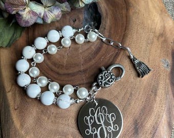 White Turquoise Pearl Bracelet, Silver Personalized Initial Disc, Bridesmaid Gift