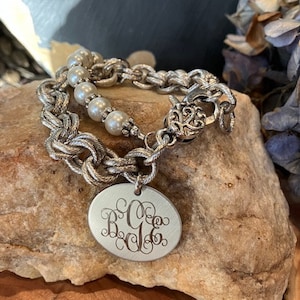 Bracelet, Rhodium Silver Chain, Pearls, Double strand, Monogrammed,  personalized, engraved, wedding (KD Bracelet Silver)