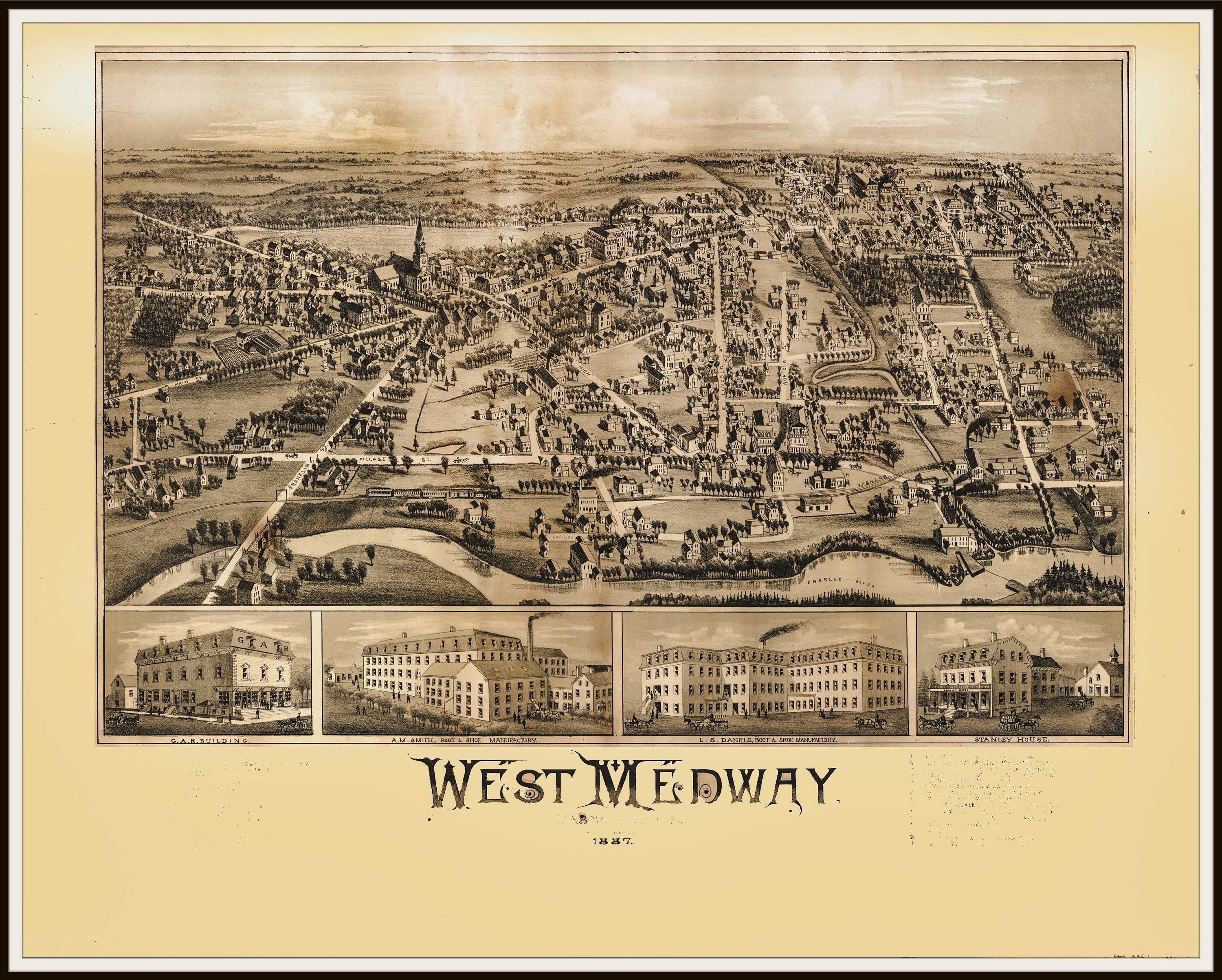 West Medway MA Panoramic Map dated 1875. This print is a Etsy
