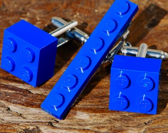 Wedding Gift Cuff Link Set - Mens Bright Blue Cufflinks For Weddings - Silver Back Cufflinks with Tie Clip - Made With Lego Bricks