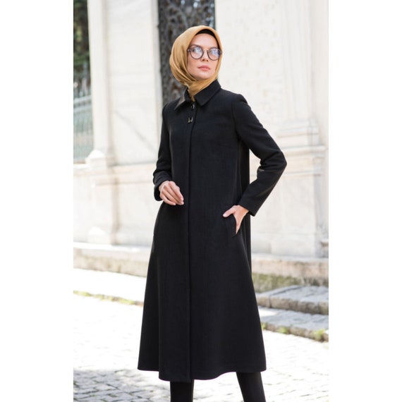 Manteau long en feutrine Noire  Veste avec couture brodé – houseoffeminity