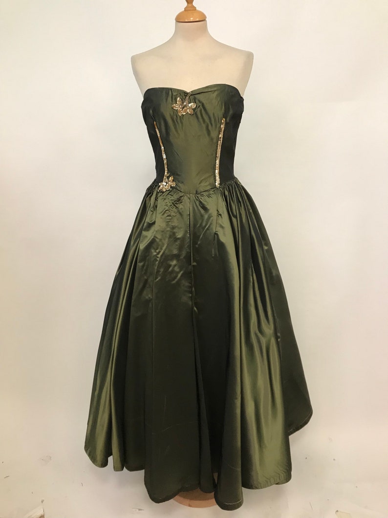 Vintage 1950s olive green taffeta embroidered New Look evening | Etsy