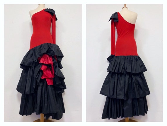 LORIS AZZARO vintage 1980s red and black ruffle on