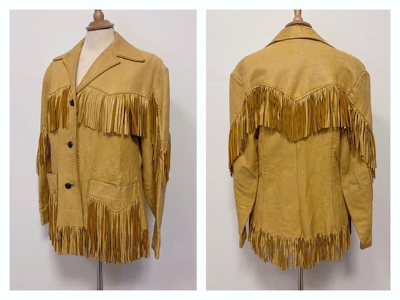 Vintage 1940s 1950s Western tan leather fringe jac