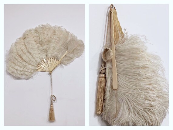 Antique vintage 1920s 1930s feathers fan with gala