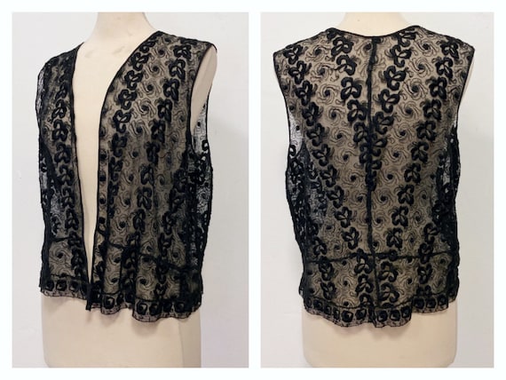 Antique Vintage 1930s black lace blouse vest - siz