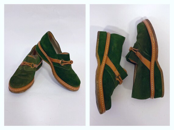 Vintage 1940s green suede and caramel brown leathe