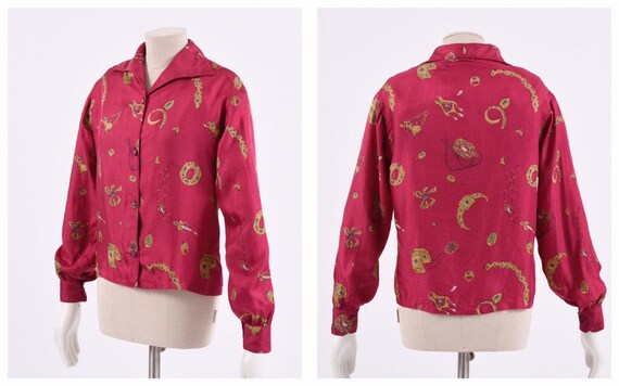 Vintage 1960s 1970s magenta jewelry print silk shi