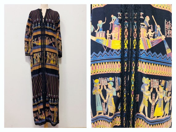 Vintage 1970s black cotton egyptian print Ethnic c
