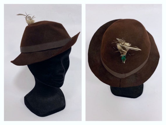 Vintage 1930s 1940s brown felt tilt fedora hat