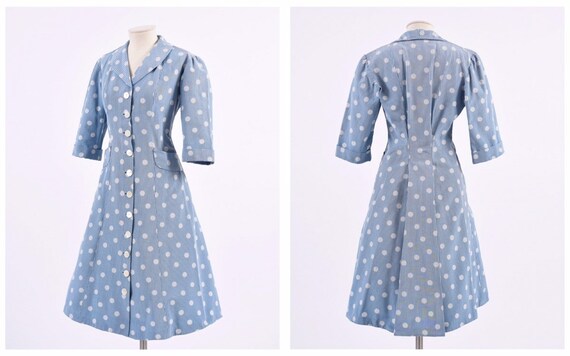 light blue dress with white polka dots