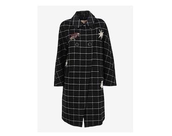 Vintage Double-Breasted Checkered Coat with Patch Details