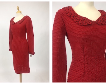 Vintage amazing 1950s red wool knitted bombshell wiggle dress - size S