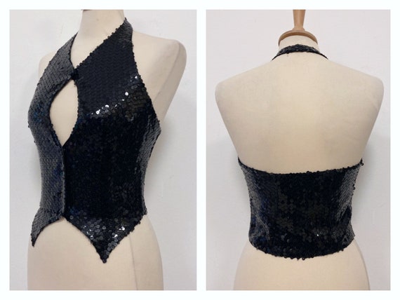 Vintage 1980s black sequins peekaboo halter top -