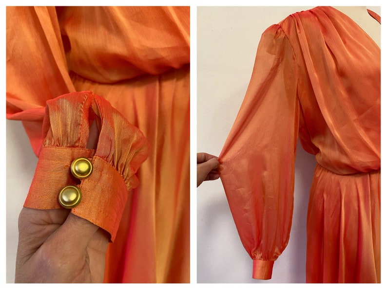 Vintage 1970s 1980s orange iridescent chiffon bishop sleeve party dress size ML