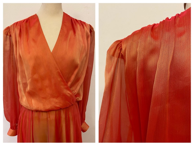 Vintage 1970s 1980s orange iridescent chiffon bishop sleeve party dress size ML