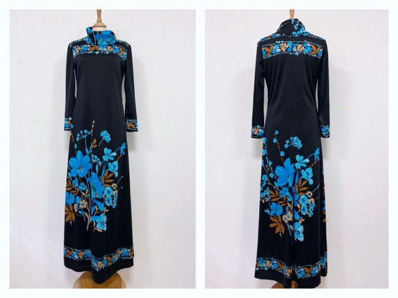 Vintage 1970s black jersey floral print long dress