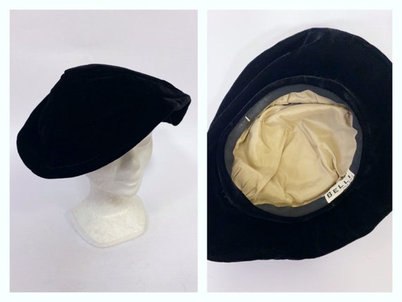 Vintage 1940s black velvet New Look wide brim hat