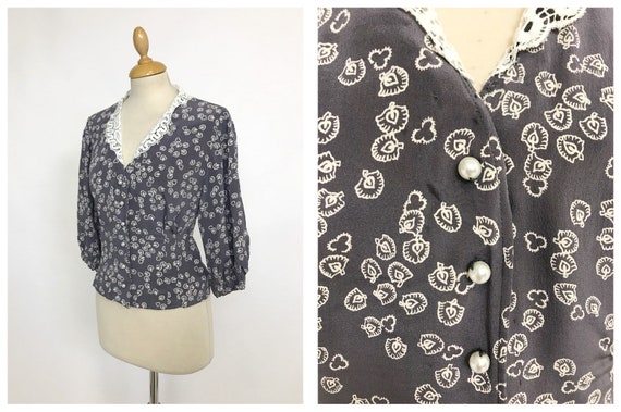 Vintage 1940s gray silk puffed sleeves blouse shir