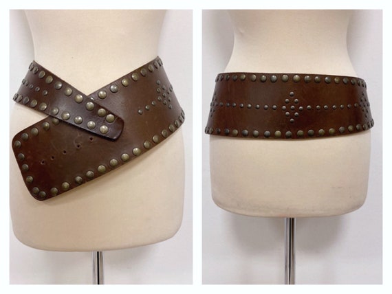 Vintage 1970s 1980s brown leather studded wide bel