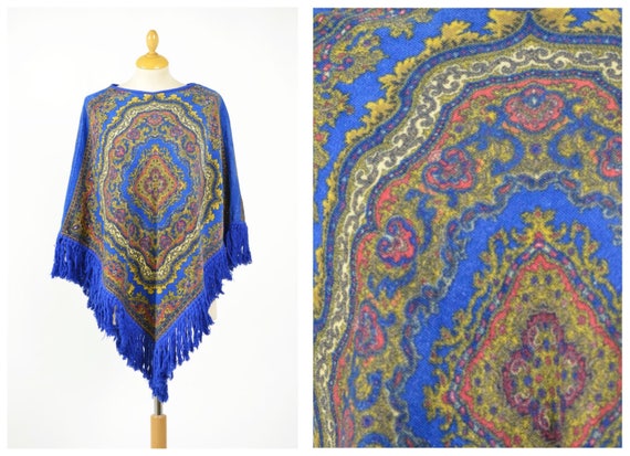 Vintage 1970s printed terry cloth beach poncho cap