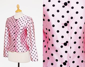Vintage 1980s 1990s pink polka dots silk jacket - size S/M