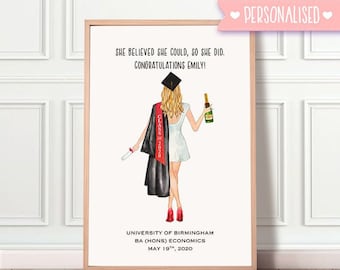 May include: A personalized graduation print featuring a woman in a cap and gown holding a diploma and a bottle of champagne. The text reads "She believed she could, so she did. Congratulations Emily!" and "University of Birmingham BA (Hons) Economics May 19th, 2020".