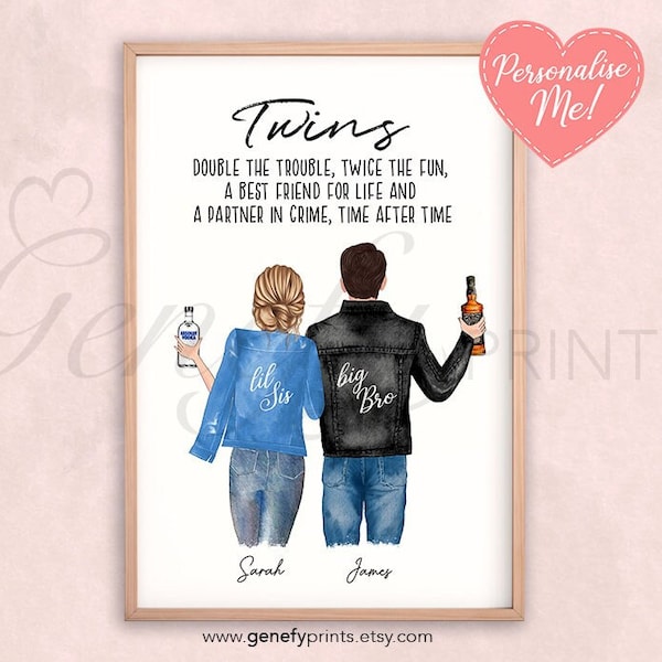 Personalised Twins Print - Twin Brother and Sister Gift - Personalised Gifts for Sister - Twins Birthday Gift - Twins Quote - Twins Gift