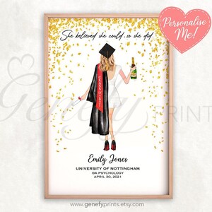 May include: A printable graduation illustration of a woman in a cap and gown holding a diploma and a bottle of champagne. The background is gold glitter. The text reads "She believed she could, so she did." and "Emily Jones, University of Nottingham, BA Psychology, April 30, 2021".
