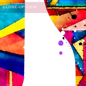 May include: Abstract art print with a colorful geometric design in shades of blue, yellow, red, orange, and pink. The design is made up of overlapping triangles and squares, with a white background.