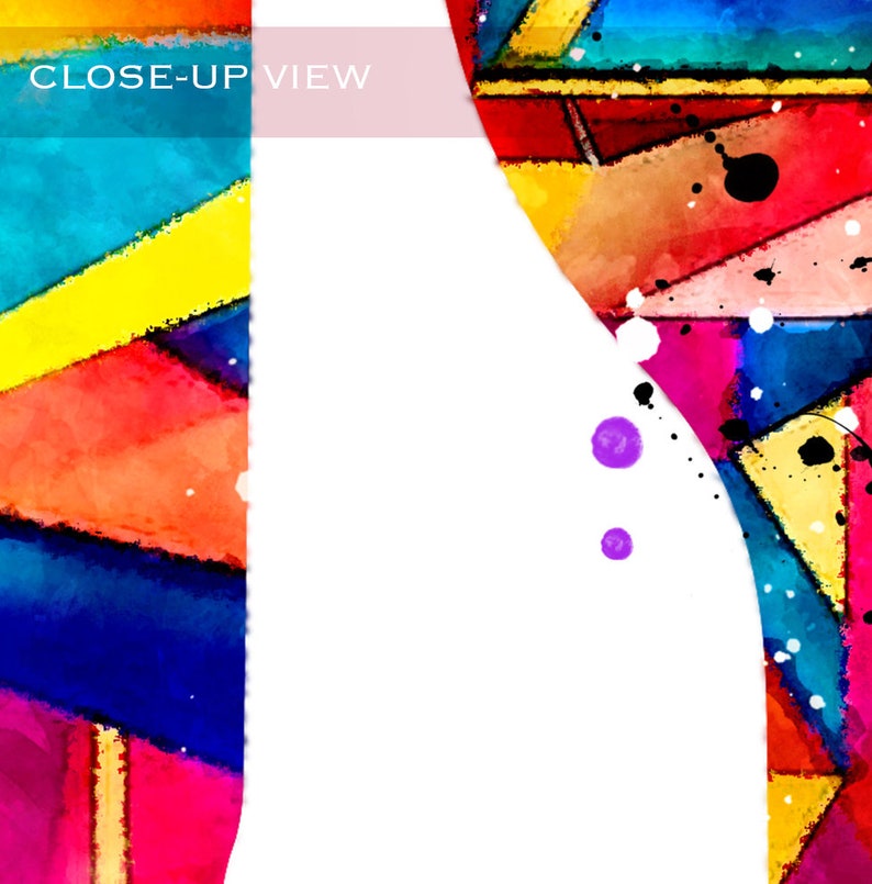 May include: Abstract art print with a colorful geometric design in shades of blue, yellow, red, orange, and pink. The design is made up of overlapping triangles and squares, with a white background.