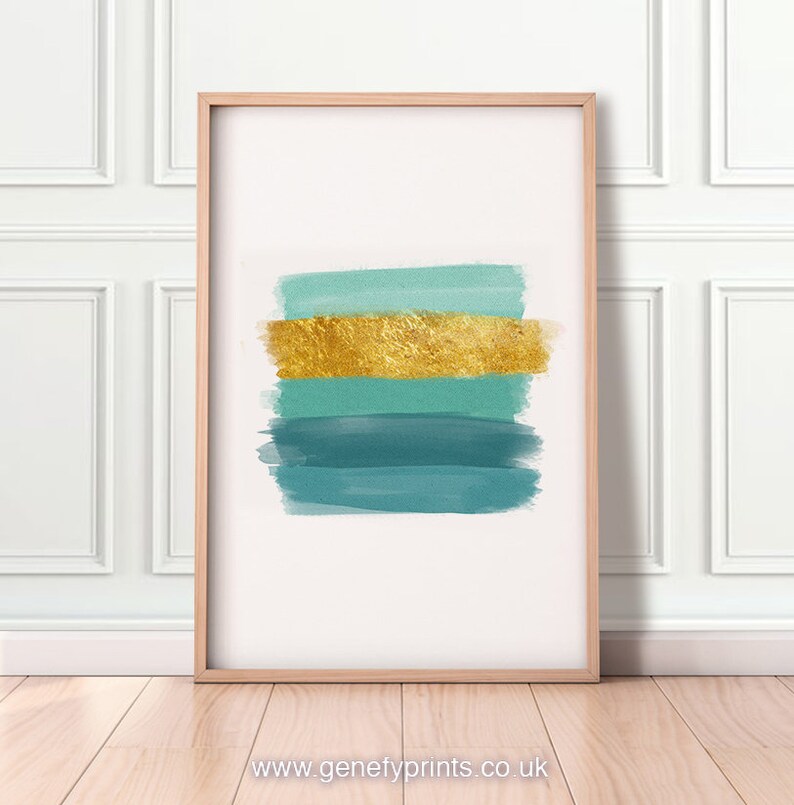Brushstroke Print Teal And Gold Abstract Art Wall Glam Decor Modern Minimalist