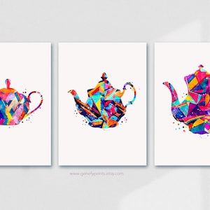 Teapot Watercolor Art Print - Colorful Kitchen Decor, Set of 3