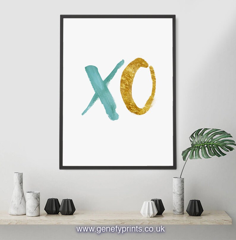 XO Print XO Art Abstract Art XO Wall Art Teal and Gold Etsy