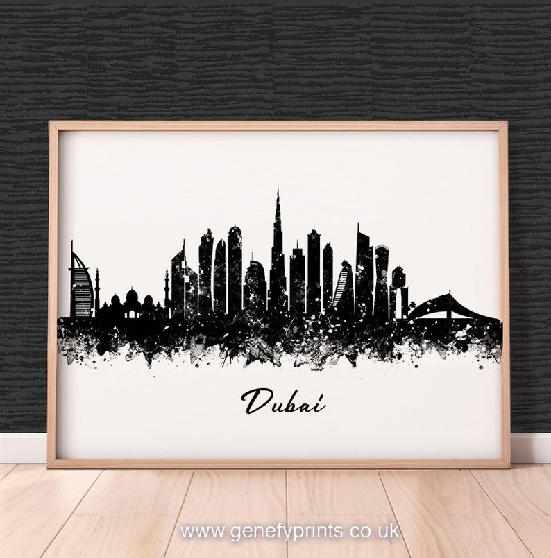 Dubai Skyline Wall Art Dubai Skyline Black and White Watercolour Art Poster Print Dubai Skyline Wall Decor Dubai Skyline Print